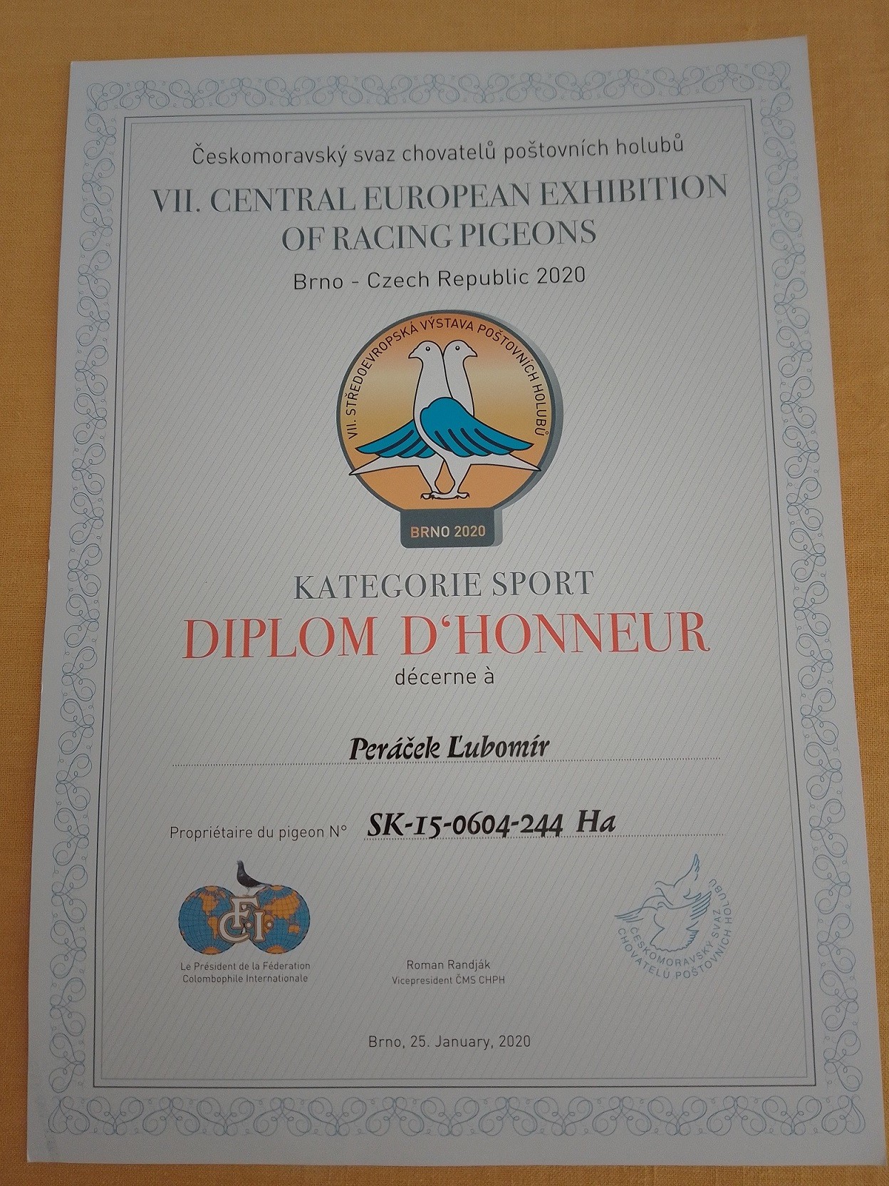 Certifikát o účasti holubice 244 na Stredoeurópskej výstave v Brne 2020
